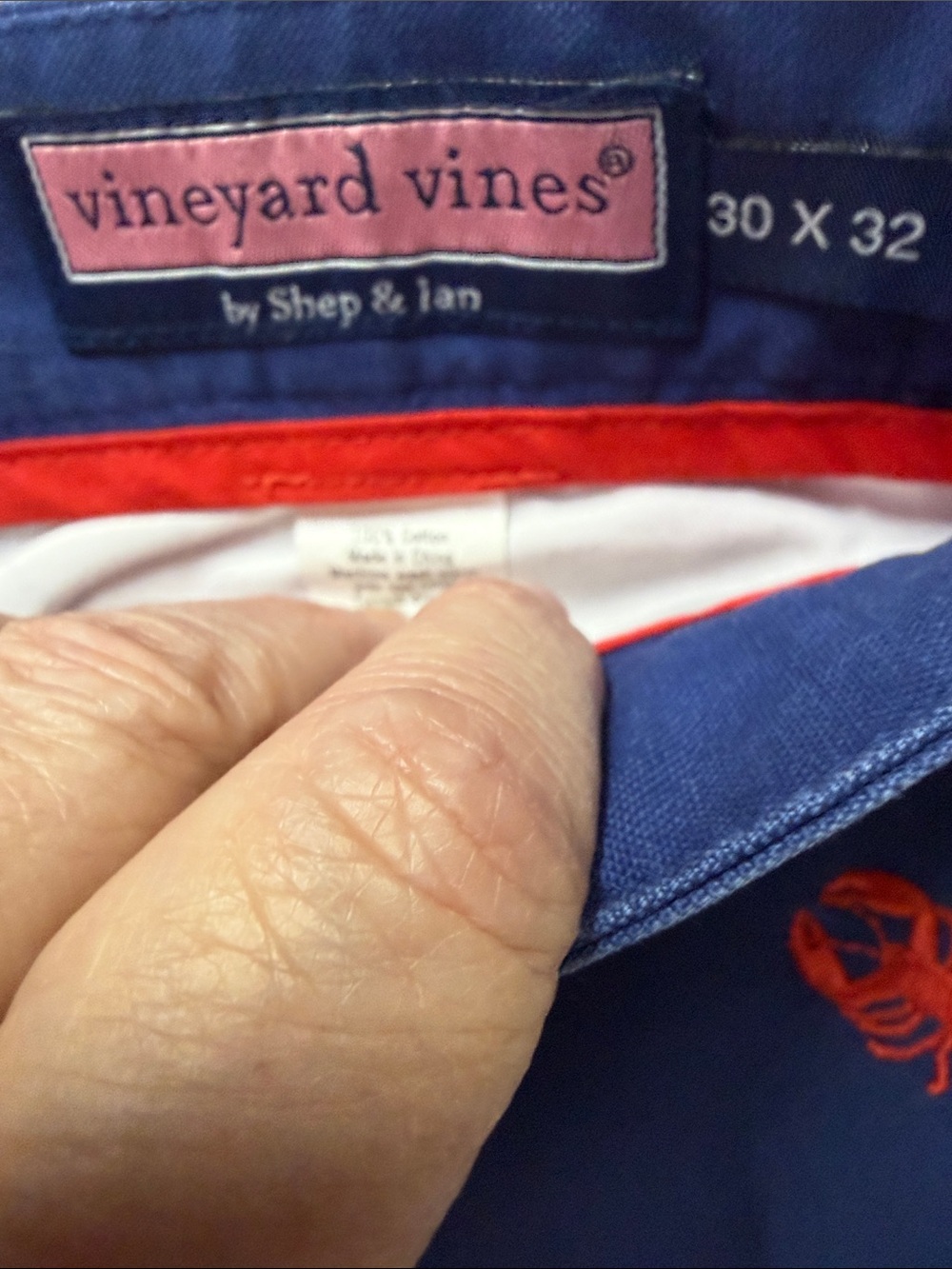Vineyard Vines Blue Chinos with Red Lobster Embroidery and Yellow Belt - Picture 3 of 4